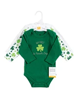 Hudson Baby Girls Cotton Long-Sleeve Bodysuits, St Patricks Rainbow, 3-Pack