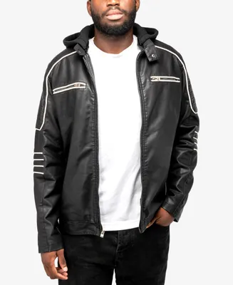 X-Ray Men's Grainy Polyurethane Moto Jacket with Hood and Faux Shearling Lining