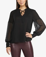 Ellen Tracy Womens Balloon Sleeve Blouse with Smocked Detail