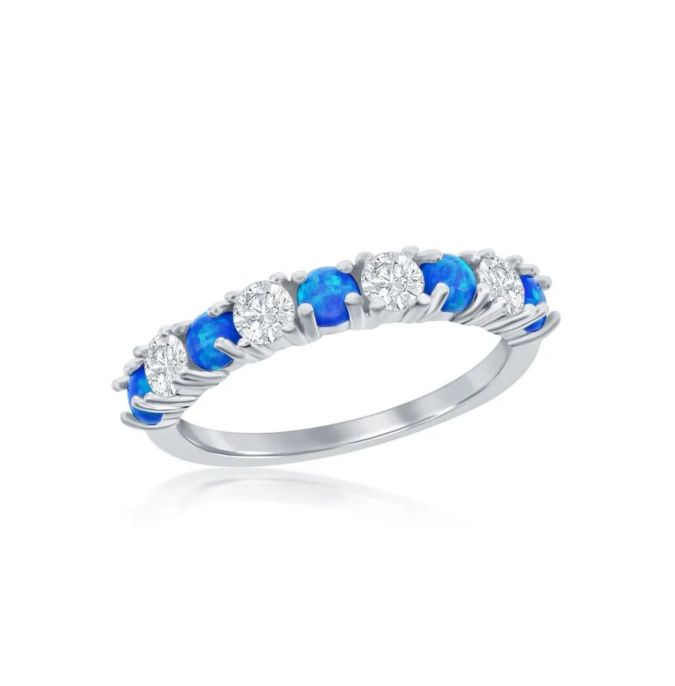 Sterling Silver White Cz & Blue Opal Band Ring