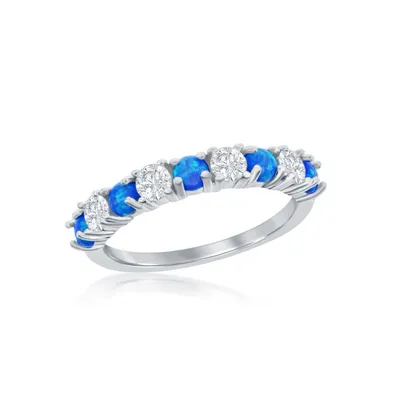 Sterling Silver White Cz & Blue Opal Band Ring
