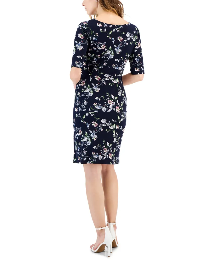 Connected Petite Elbow-Sleeve Gathered Jersey Sheath Dress