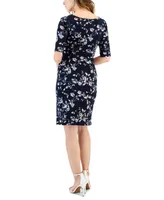 Connected Petite Elbow-Sleeve Gathered Jersey Sheath Dress