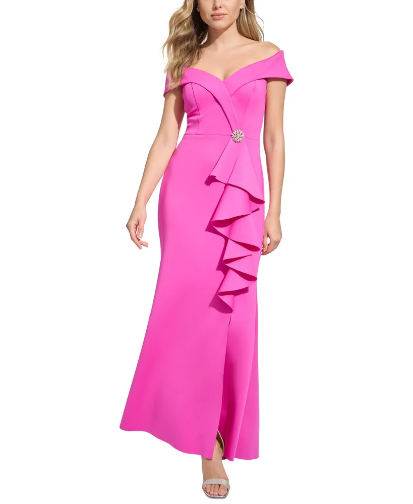 Jessica Howard Petite Off-The-Shoulder Side-Ruffle Gown