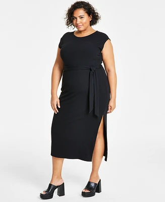 Bar Iii Trendy Plus Ribbed Cap-Sleeve Belted Dress, Created for Macy's