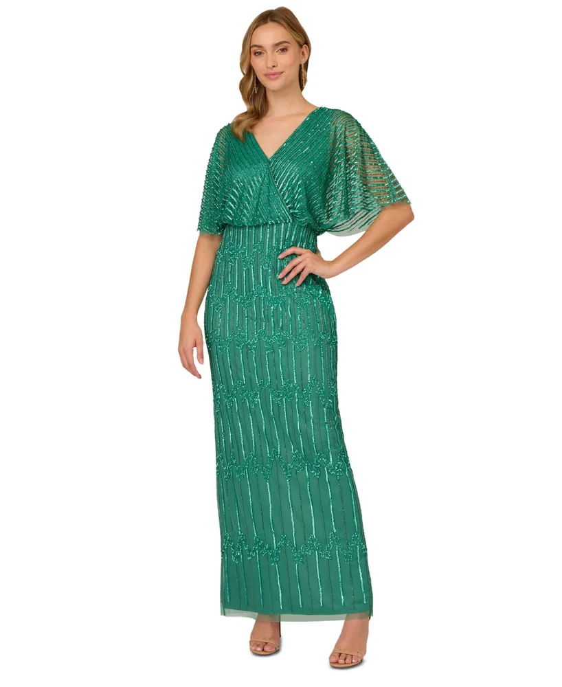 Adrianna Papell Beaded Sleeveless Godet Detail Maxi Dress, Green