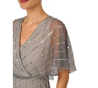 Papell Studio Women's Beaded Flutter-Sleeve Gown