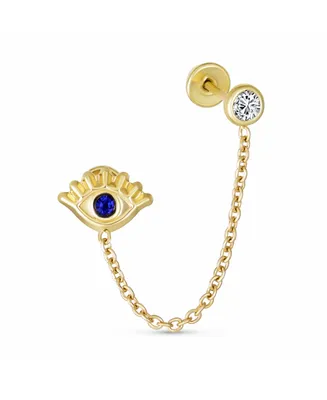Bling Jewelry Genuine Tiny Yellow 10K Gold Spiritual Blue Cz Protection Amulet Double Piercing 1 Piece Chain Evil Eye Stud Earring Ear Lobe Cartilage