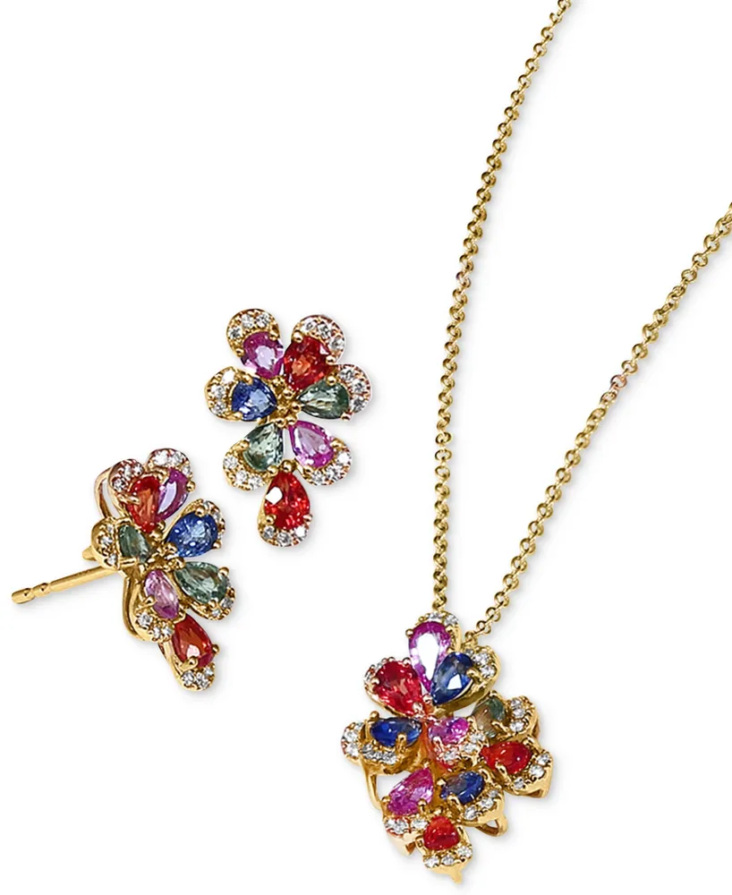 Effy Multi-Sapphire (2-1/2 ct. t.w.) & Diamond (1/5 ct. t.w.) Flower Stud Earrings in 14k Gold