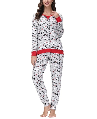 Ink+Ivy Women's Printed Crew Neck Long Sleeve Top with Jogger 2 Pc Pajama Set