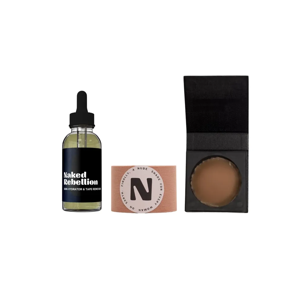 Naked Rebellion Women's The Nudist Kit: Nude Shade Sweat-Proof Boob Tape, Skin Hydrator and Tape Remover Body Oil & Reusable Nipple Stickies