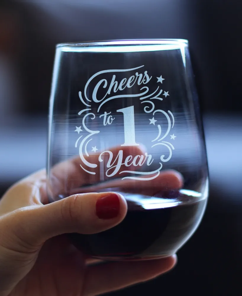 Bevvee Cheers to 1 Year 1st Anniversary Gifts Stem Less Wine Glass, 17 oz