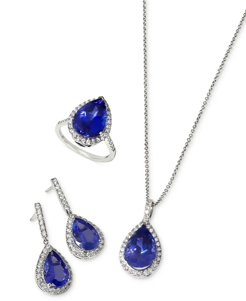 Effy Tanzanite (6 ct. t.w.) & Diamond (3/8 ct. t.w.) Halo 16" Pendant Necklace in 14k White Gold
