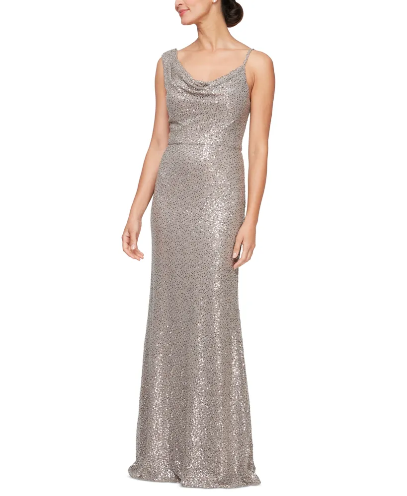 Alex Evenings Women's Sequin Cowlneck Draped Gown