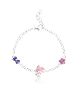 Sanrio Hello Kitty and Friends Womens Silver Plated Bracelet with Flower and Bow Charm Pendants, 6.5 + 1", Officially Licensed