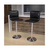 Modern Vinyl Adjustable Height Barstool With Horizontal Stitch Back, Set Of 2