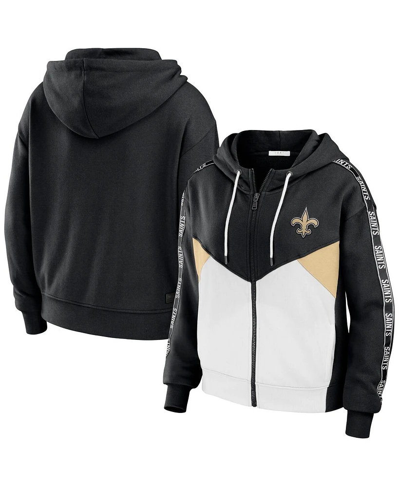 Women's Wear by Erin Andrews Black, White New Orleans Saints Color-Block Full-Zip Hoodie