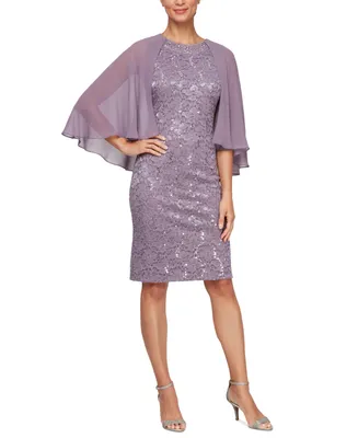 Sl Fashion Women's Sequin-Lace Capelet-Sleeve Dress