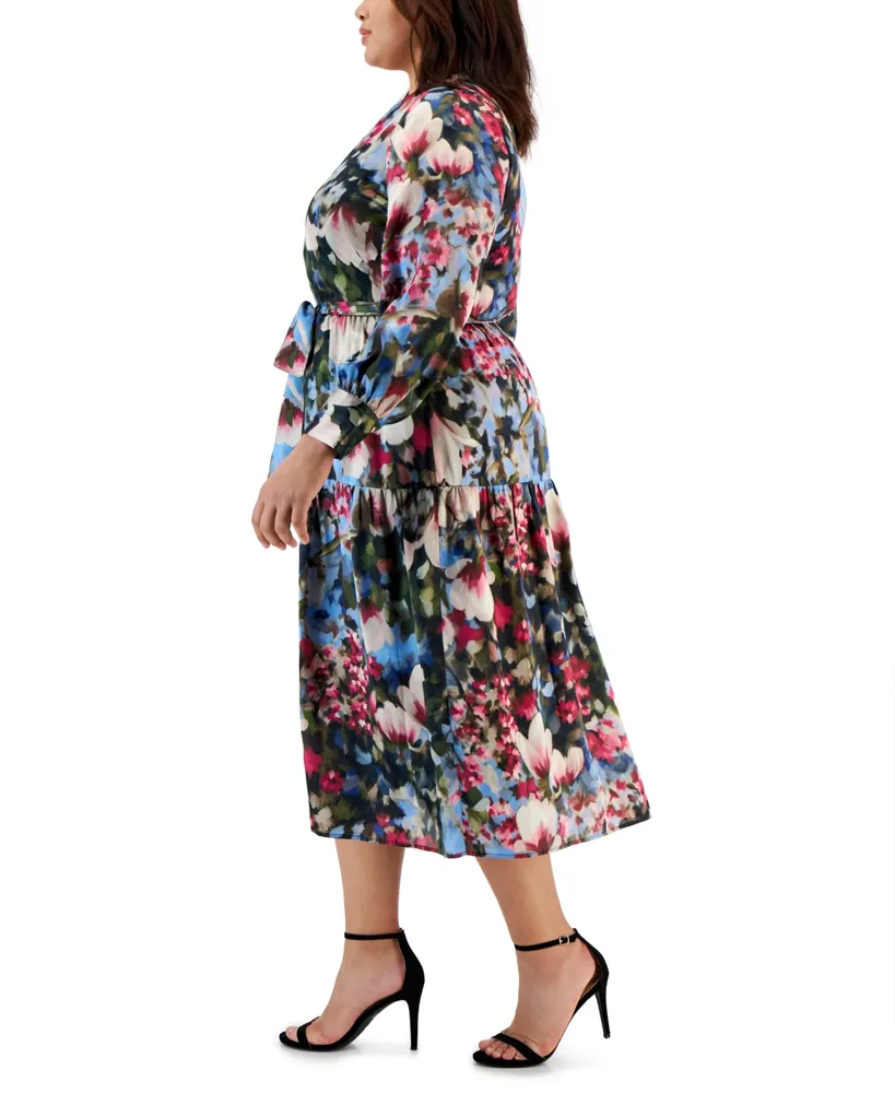 Anne Klein Plus Floral-Print Tiered Midi Dress