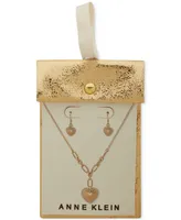 Anne Klein Gold-Tone Pave Textured Heart Lariat Necklace & Drop Earrings Set