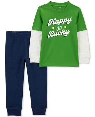 Carter's Toddler Boys 2-Pc. Happy Go Lucky Printed Layered-Look Long-Sleeve T-Shirt & Solid Joggers Set