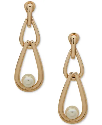 Anne Klein Gold-Tone Link & Imitation Pearl Clip-On Linear Drop Earrings