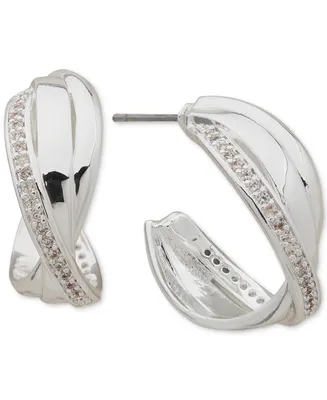 Anne Klein Silver-Tone Small Pave Crossover C-Hoop Earrings, 0.79"