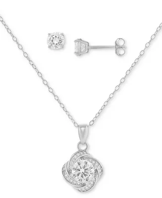 Giani Bernini 2-Pc. Set Cubic Zirconia Love Knot Pendant Necklace & Solitaire Stud Earrings in Sterling Silver, Created for Macy's