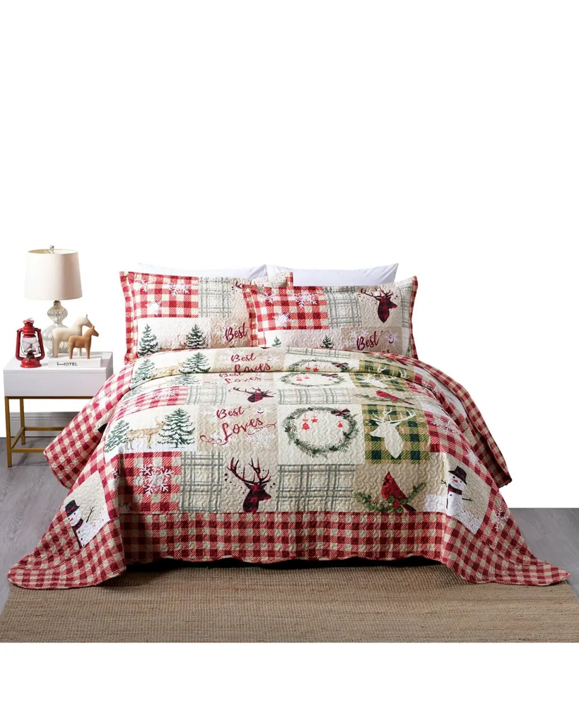 MarCielo 3 Piece Christmas Quilt Bedspread Snowman Reversible Quilt Set B009