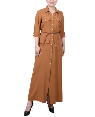 Ny Collection Petite 3/4 Sleeve Utility Style Belted Shirt Dress