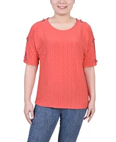 Ny Collection Petite Short Sleeve Honeycomb Textured Grommet Top