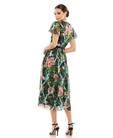 Women's Floral Illusion Cap Sleeve Midi Dress