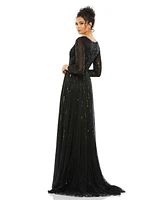 Mac Duggal Women's Sequined V Neck Illusion Sleeve A Line Gown