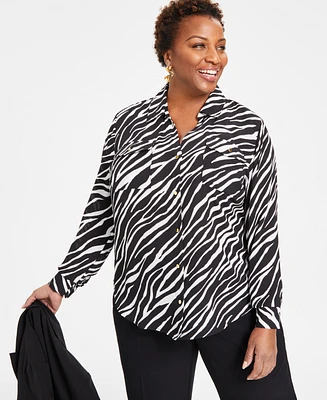 I.n.c. International Concepts Plus Animal Print Collared Button Front Top, Created for Macy's