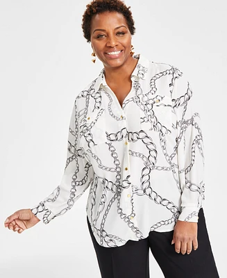 I.n.c. International Concepts Plus Printed Collared Button Front Top, Created for Macy's
