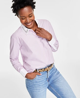 On 34th Women's Embellished Delicate-Stripe Shirt, Created for Macy's