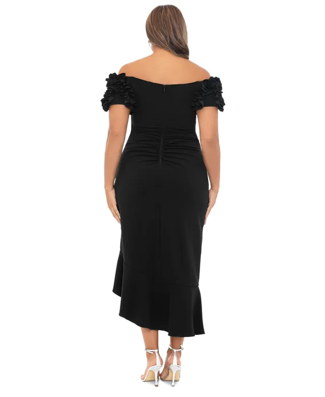 Xscape 3D Ruffle Off-the-Shoulder Ruffle Front Ruched Detail Midi Dress