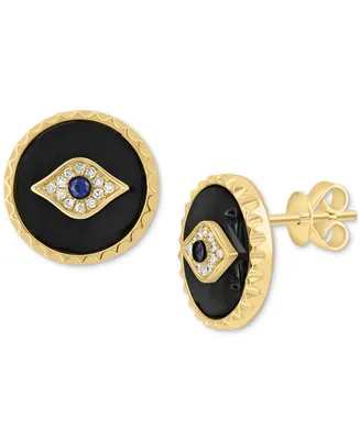 Effy Onyx, Diamond (1/20 ct. t.w.) & Sapphire (1/20 ct. t.w.) Evil Eye Stud Earrings in 14k Gold