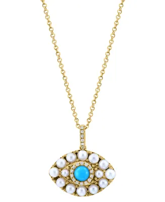 Effy Turquoise, Freshwater Pearl (2 - 2-1/2mm) & Diamond (1/20 ct. t.w.) Evil Eye 18" Pendant Necklace in 14k Gold