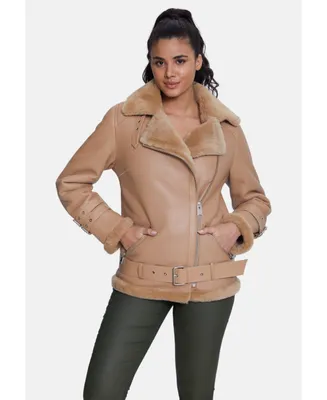 Furniq Uk Women's Shearling Belted Biker Jacket, Silky Caramel with Wool