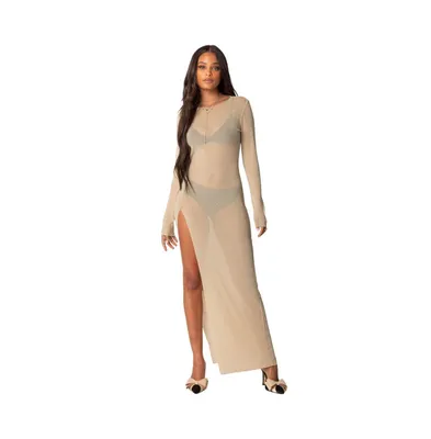 Women's Shiny Mesh Maxi Slit Dress