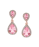 Bling Jewelry Pave Halo Dangle Teardrop Cubic Zirconia Pink Cz Drop Earrings For Women Prom Rose Gold Plated Brass