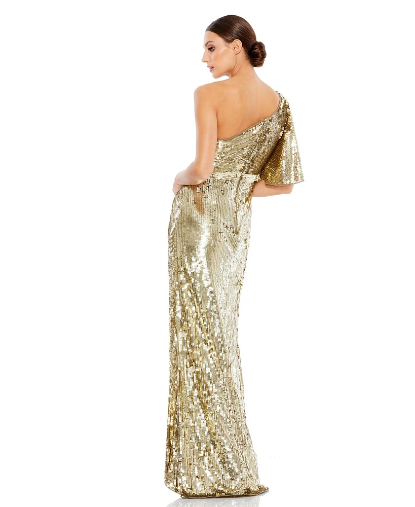 Mac Duggal Women's Embellished Bell Sleeve One Shoulder Neck Trumpet Gown