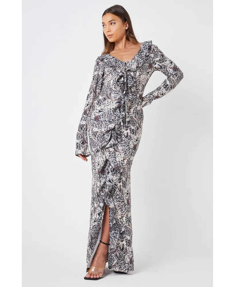 Women's Ruffle Cold Shoulder A-Line Maxi Dress