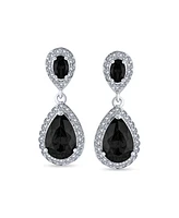 Fashion Pave Cz Halo Black Pear Shaped Teardrop Drop Statement Earrings For Women Prom Rhodium Plated Brass