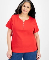 Style & Co Women's Cotton Short-Sleeve Henley Top, Created for Macy's