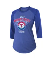 Women's Majestic Threads Royal Texas Rangers 2023 World Series Champions Out of this World Raglan 3/4-Sleeve Tri-Blend T-shirt