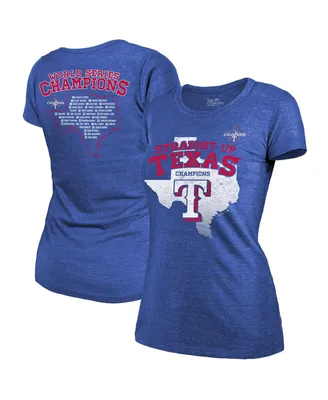 Women's Majestic Threads Royal Texas Rangers 2023 World Series Champions Local Ground Rules Roster Tri-Blend T-shirt