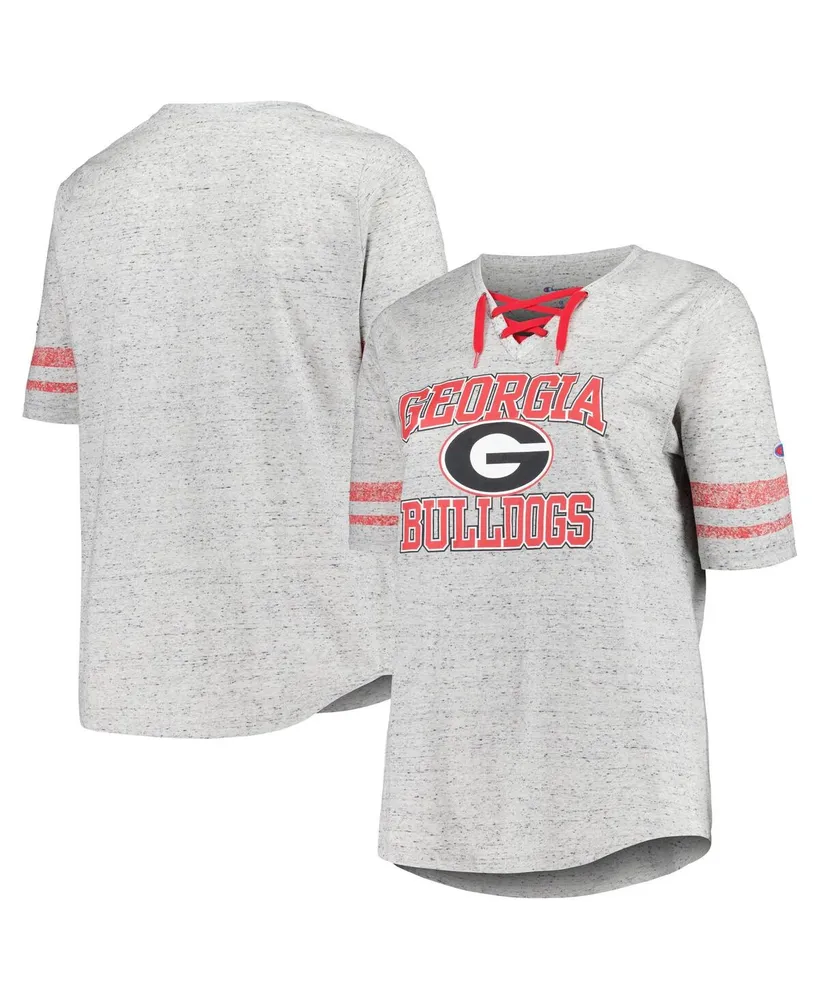 Women's Profile Heather Gray Distressed Georgia Bulldogs Plus Striped Lace-Up V-Neck T-shirt