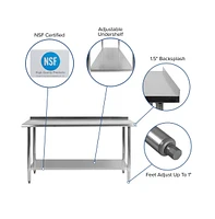 Stainless Steel 18 Gauge Prep And Work Table With Backsplash And Shelf